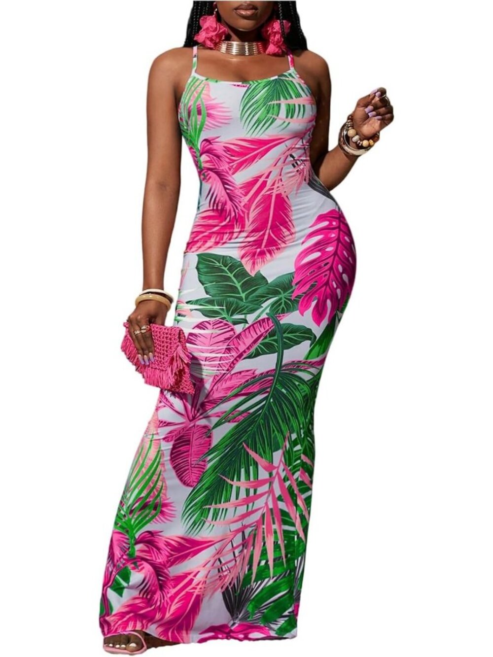 Tropical Print Maxi Dress | Spaghetti Strap Bodycon | Summer Vacation Essential